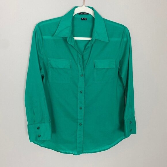 Theory March Button Up Long Sleeve Dress Shirt Womens Medium Green Cotton - Picture 1 of 7